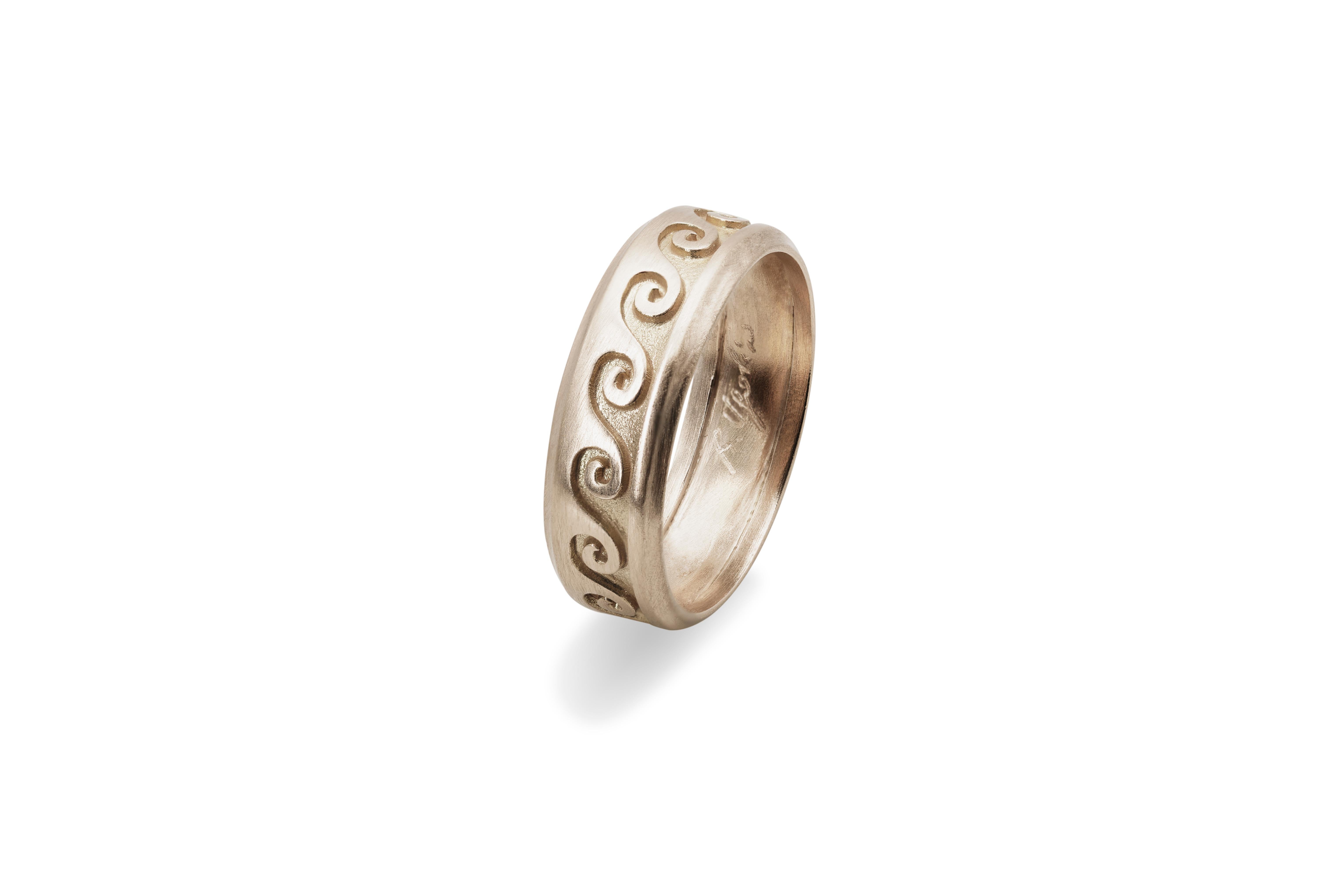 Handcrafted Unisex 18 Karat White Gold Embossed Wave Design Band Ring For Sale 2