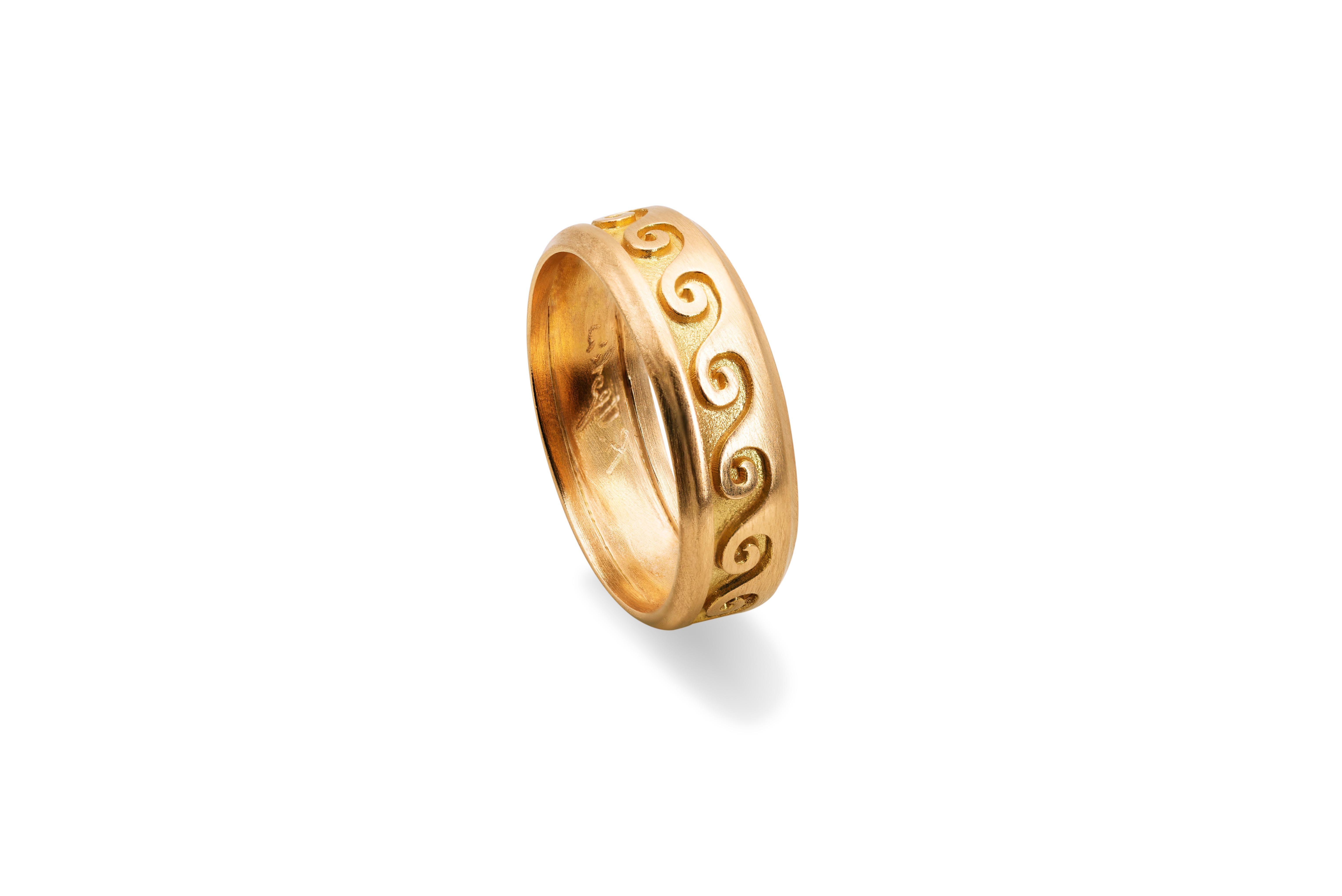 Handcrafted Unisex 18 Karat Yellow Gold Embossed Wave Design Band Ring For Sale 2