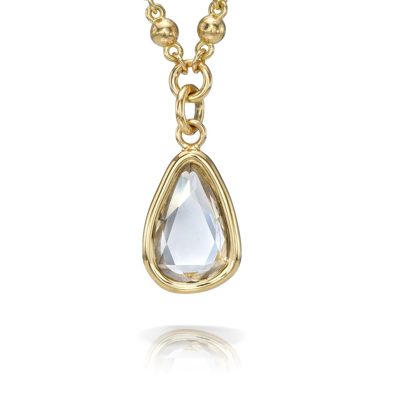 2.39ct N/I1 GIA certified vintage pear shaped rose cut diamond bezel set on a handcrafted 18K yellow gold pendant necklace.

Necklace measures 17