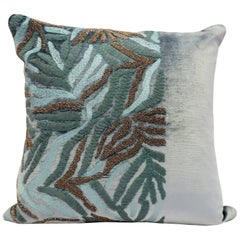 Handcrafted Velvet Pillow Hand Embroidered Abstract Aqua Foliage Design