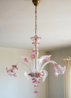 Handcrafted Venetian Clear and Pink Murano Glass Chandelier, Italy, 1930s