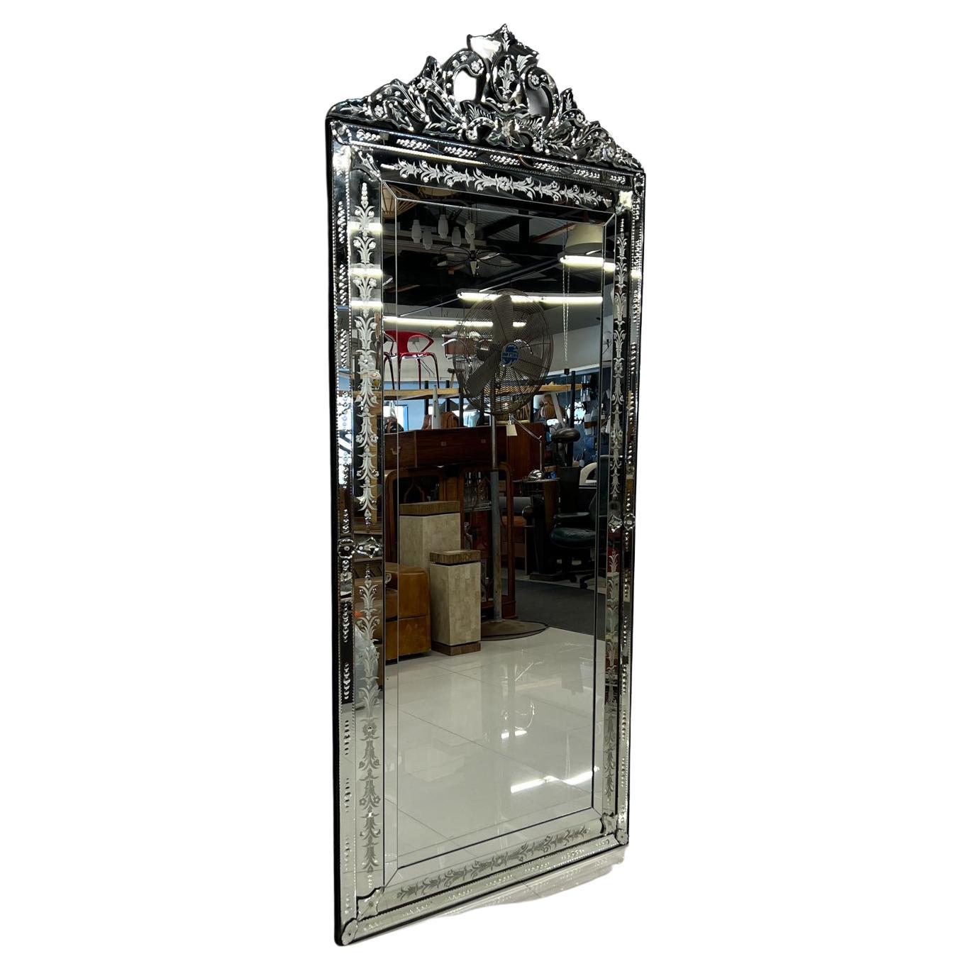 Handcrafted Venetian full-length floor mirror extravagant etched crystal glass
Hand polished 
Measures: 90.5 tall x 38.75 width x 1.75 depth
Unrestored, preowned original vintage condition.
See images we have provided.
Delivery to LA OC Palm