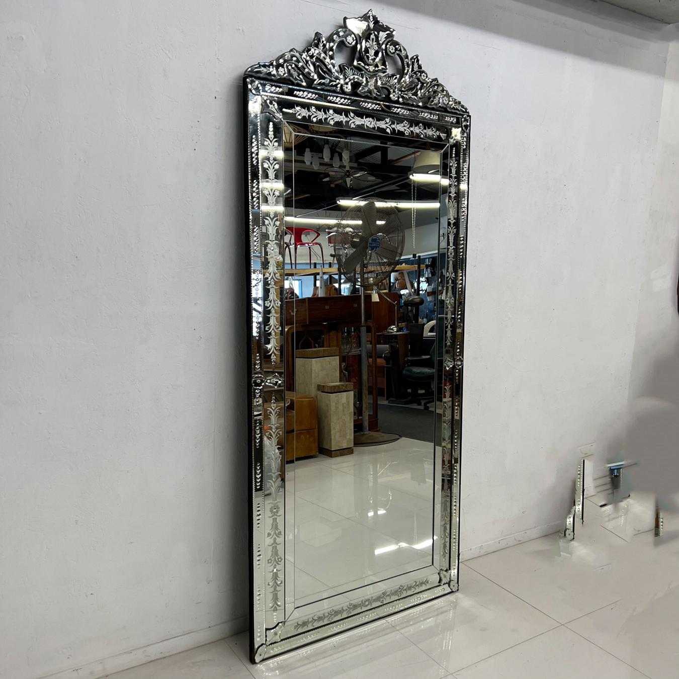 20th Century Handcrafted Venetian Full-Length Floor Mirror Extravagant Etched Crystal Glass