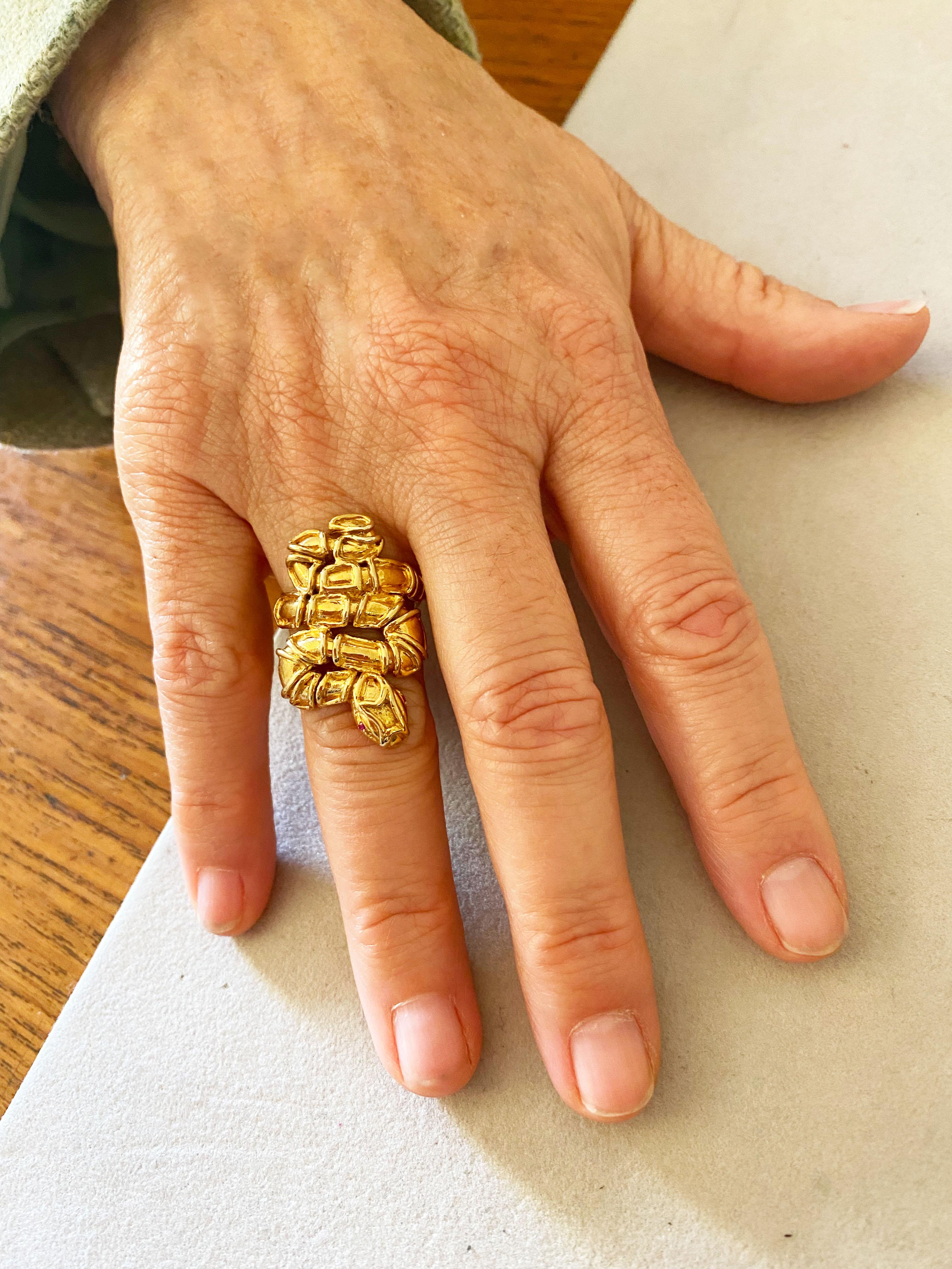 Artisan Handcrafted Vermeil Gold Plated 24K Gold Ruby Eyes Snake Ring Rossella Ugolini For Sale