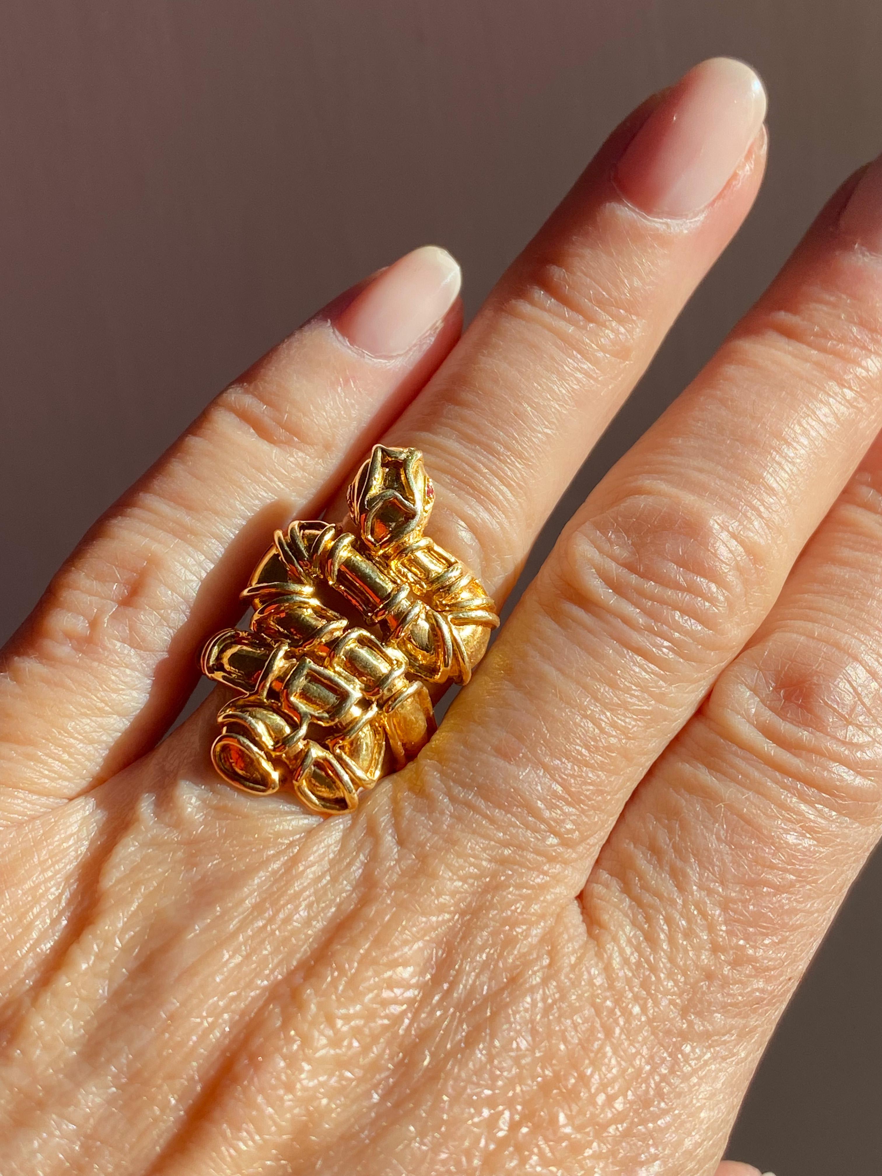 Brilliant Cut Handcrafted Vermeil Gold Plated 24K Gold Ruby Eyes Snake Ring Rossella Ugolini For Sale