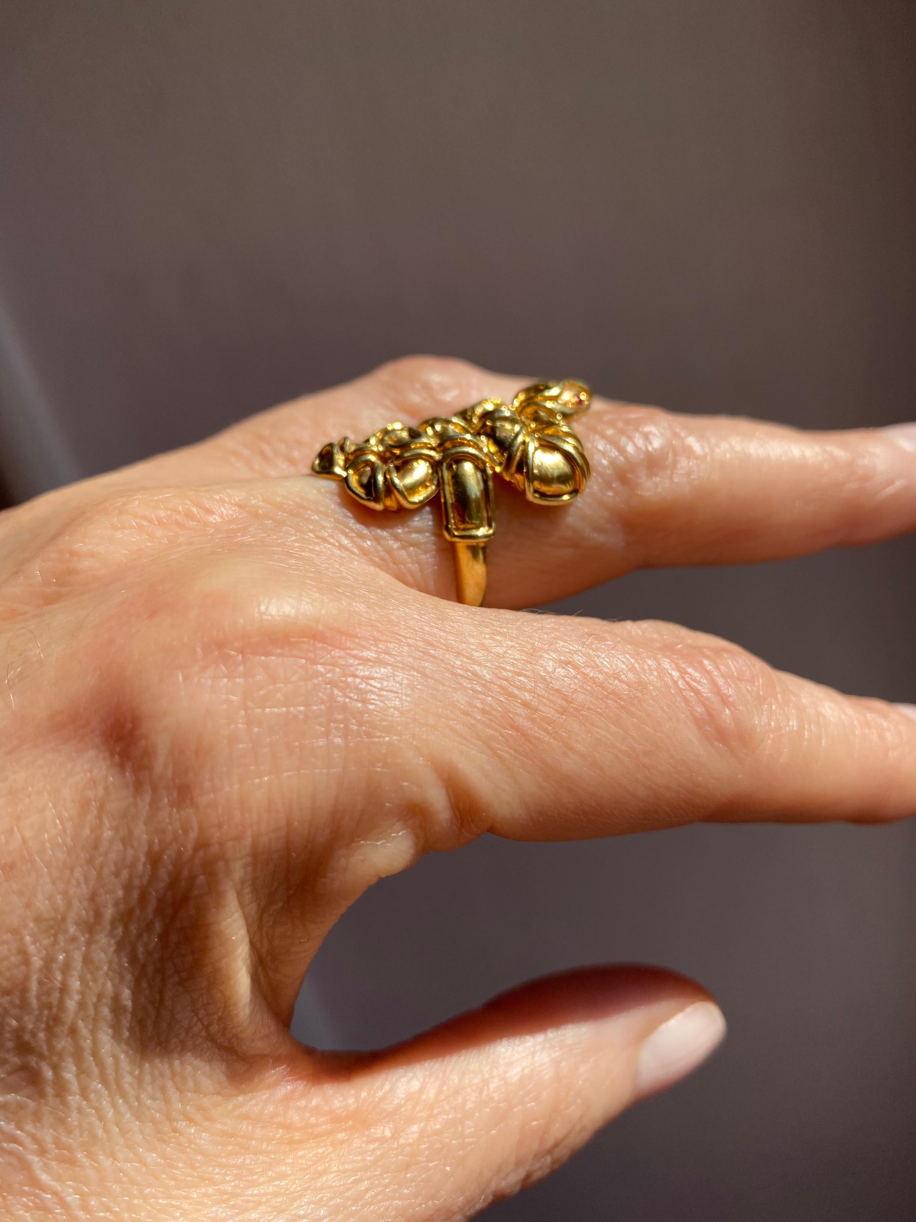Handcrafted Vermeil Gold Plated 24K Gold Ruby Eyes Snake Ring Rossella Ugolini For Sale 1