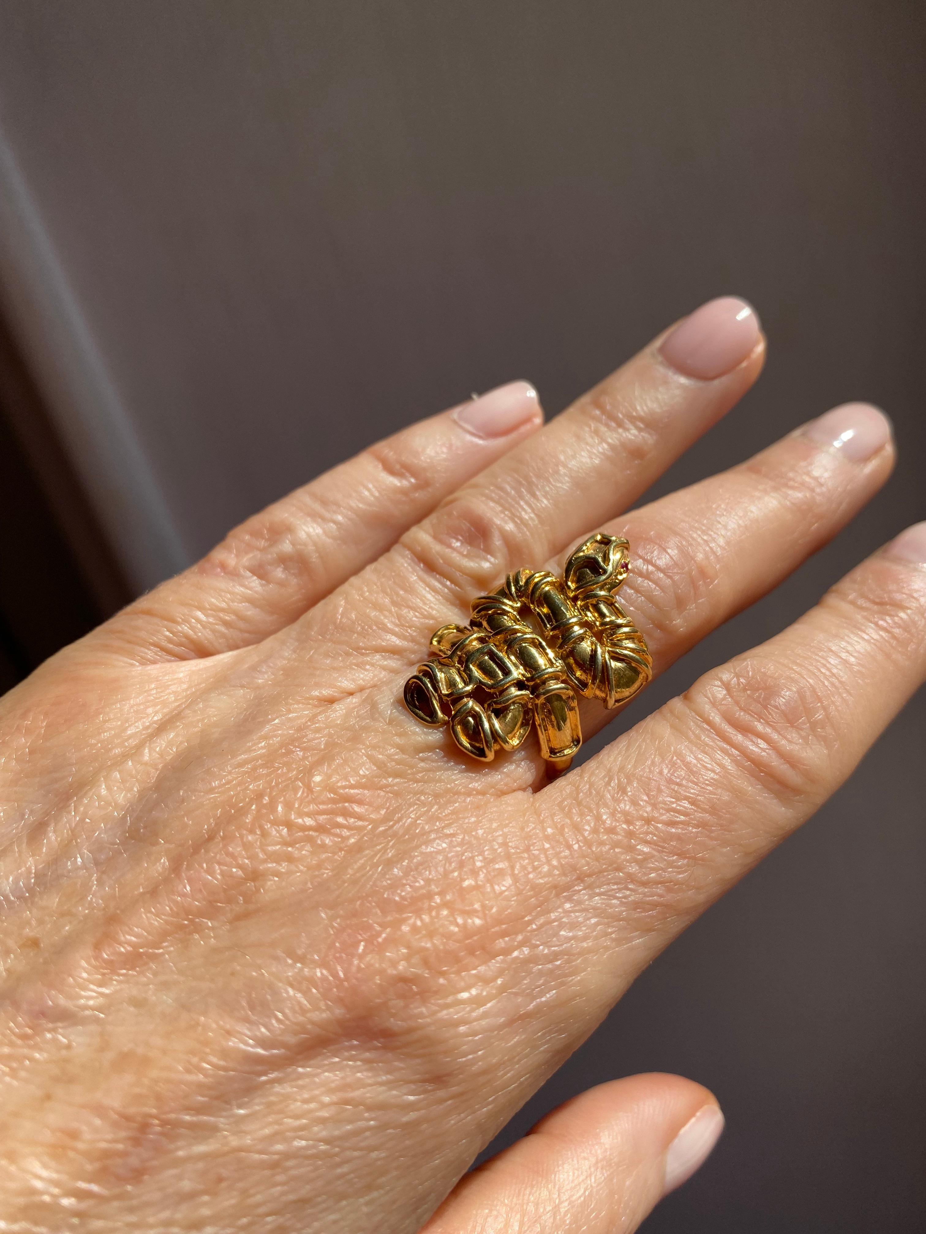 Handcrafted Vermeil Gold Plated 24K Gold Ruby Eyes Snake Ring Rossella Ugolini For Sale 2