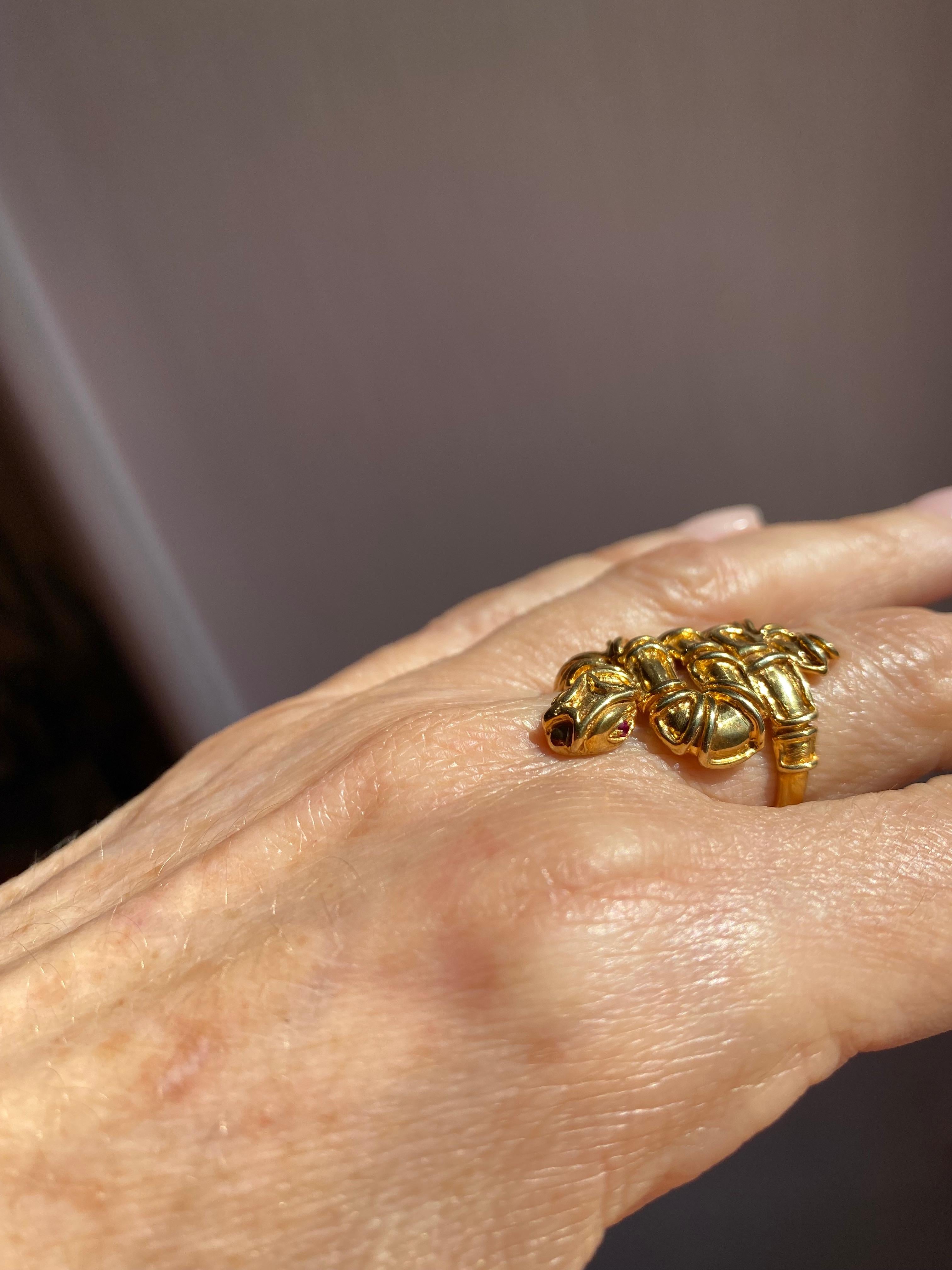 Handcrafted Vermeil Gold Plated 24K Gold Ruby Eyes Snake Ring Rossella Ugolini For Sale 3