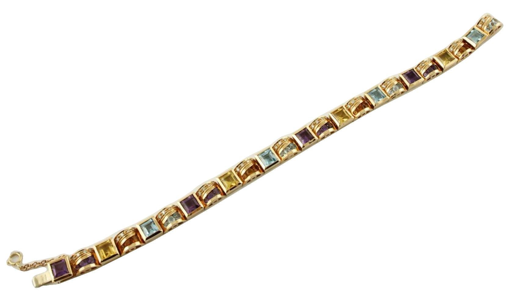 Vintage colored bracelet in 14k Yellow gold structure mounted with squared sections studded with diamonds, amethysts and topazes.
The origin of this bracelet goes back to the 1970' and it is totally handmade by Italian master goldsmiths
Diamonds