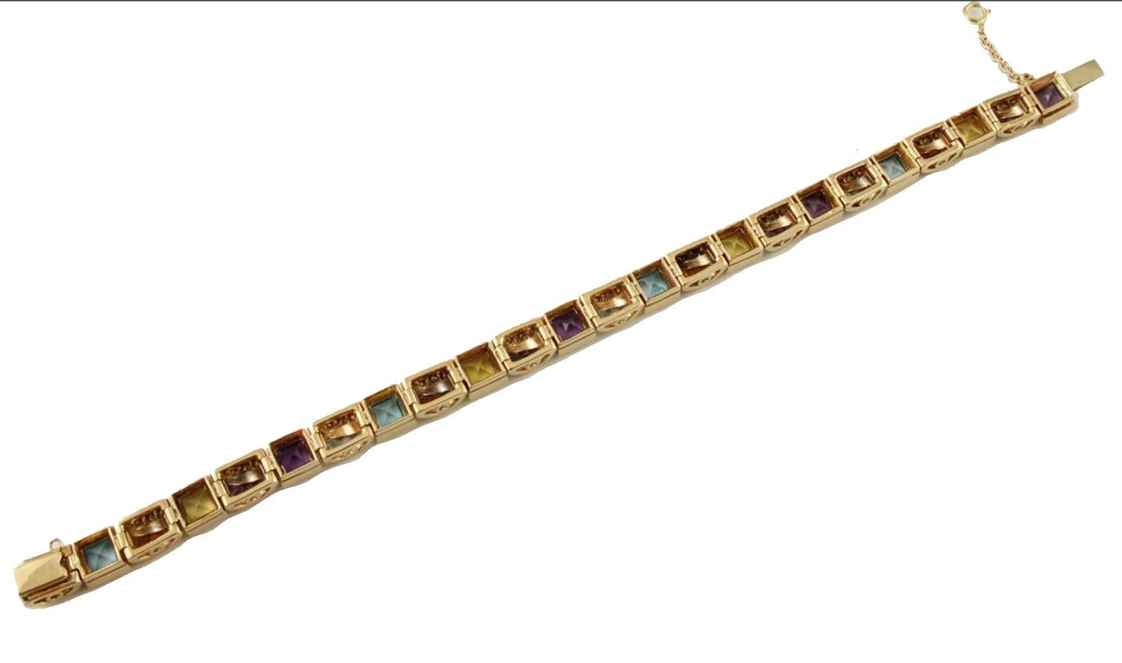 Rétro Bracelet vintage fait main, diamants, améthystes, topazes et or jaune 14 carats en vente