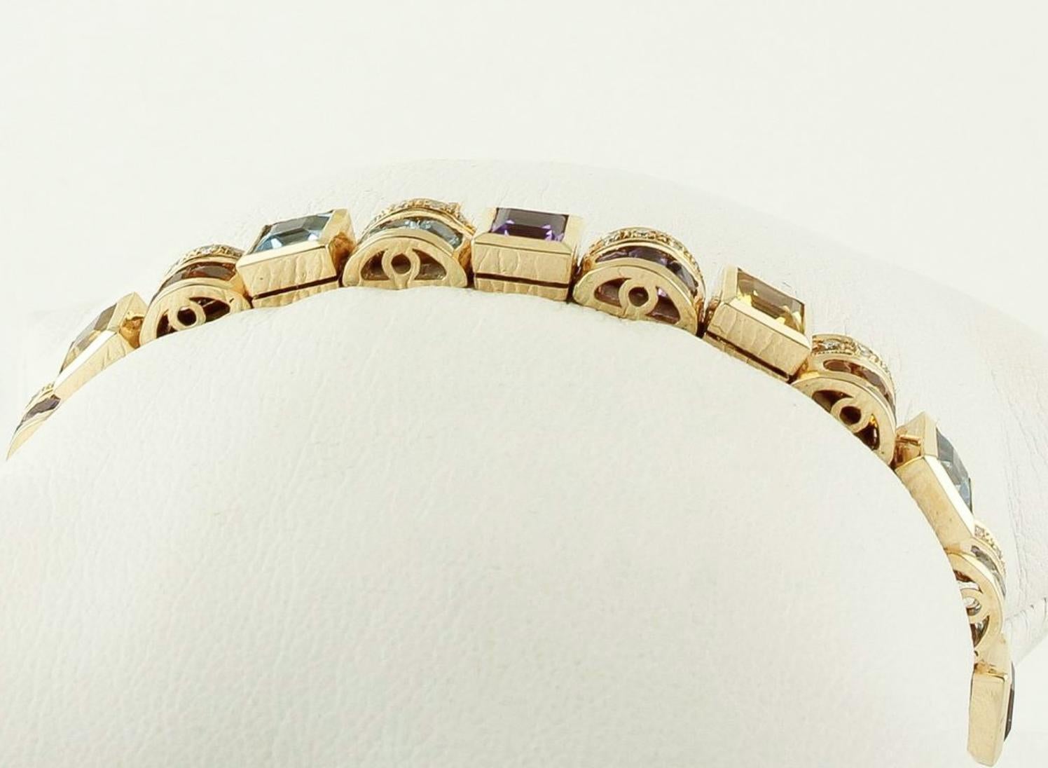 Taille mixte Bracelet vintage fait main, diamants, améthystes, topazes et or jaune 14 carats en vente