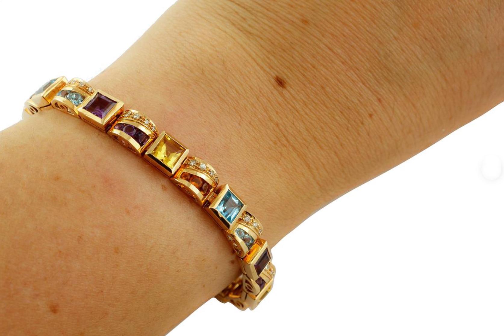 Bracelet vintage fait main, diamants, améthystes, topazes et or jaune 14 carats Pour femmes en vente