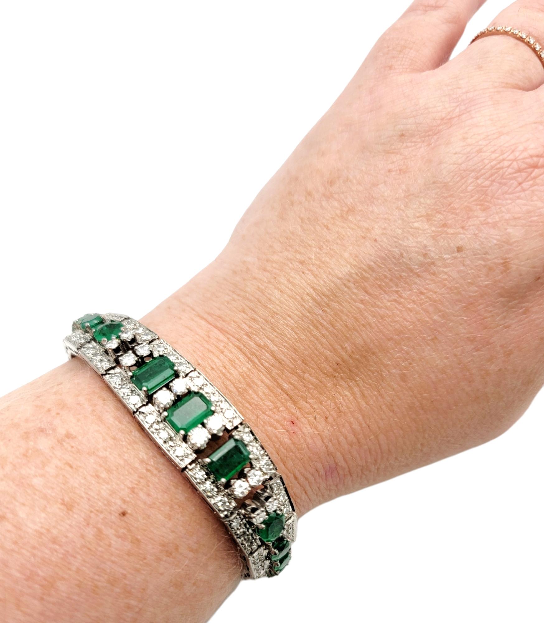 Women's Vintage 10.40 CTW Emerald and Diamond Hinged Cuff 18 Karat White Gold Bracelet 