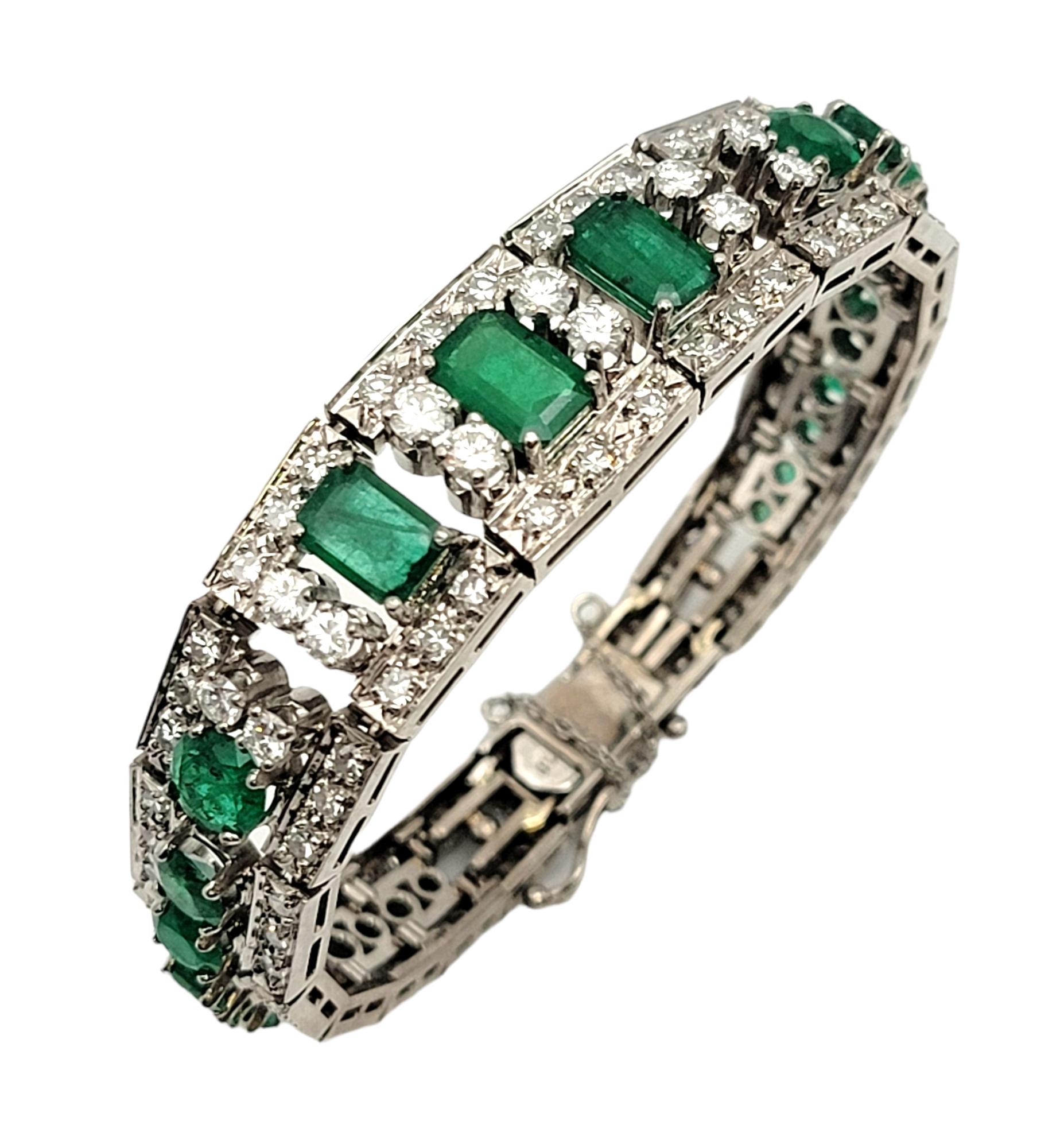 This gorgeous 10.40 carat total weight diamond and emerald bracelet sparkles with vintage elegance and a timeless style. This custom piece features three emerald cut natural emeralds prong set in the center of the bracelet, flanked with sets of two