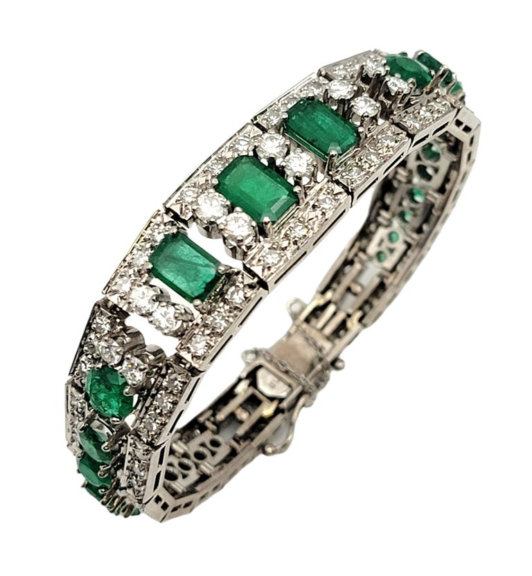 Vintage Emerald and Diamond Tapered Hinged Cuff Bracelet in 18 Karat ...