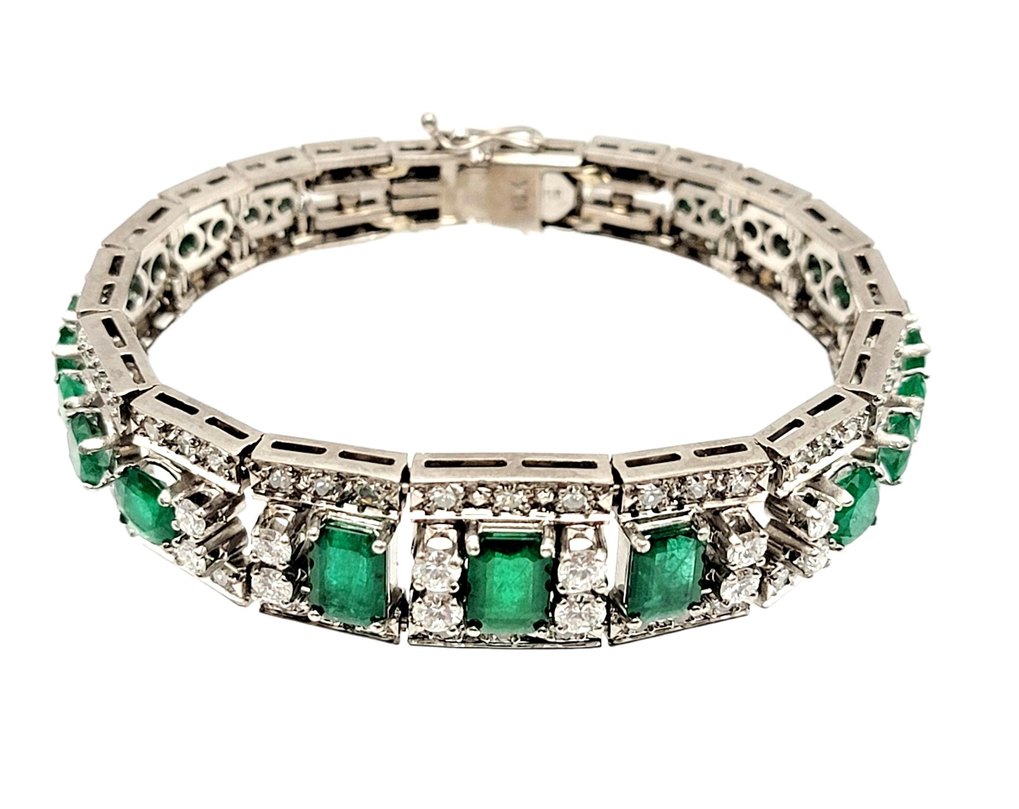 Art Deco Vintage 10.40 CTW Emerald and Diamond Hinged Cuff 18 Karat White Gold Bracelet 