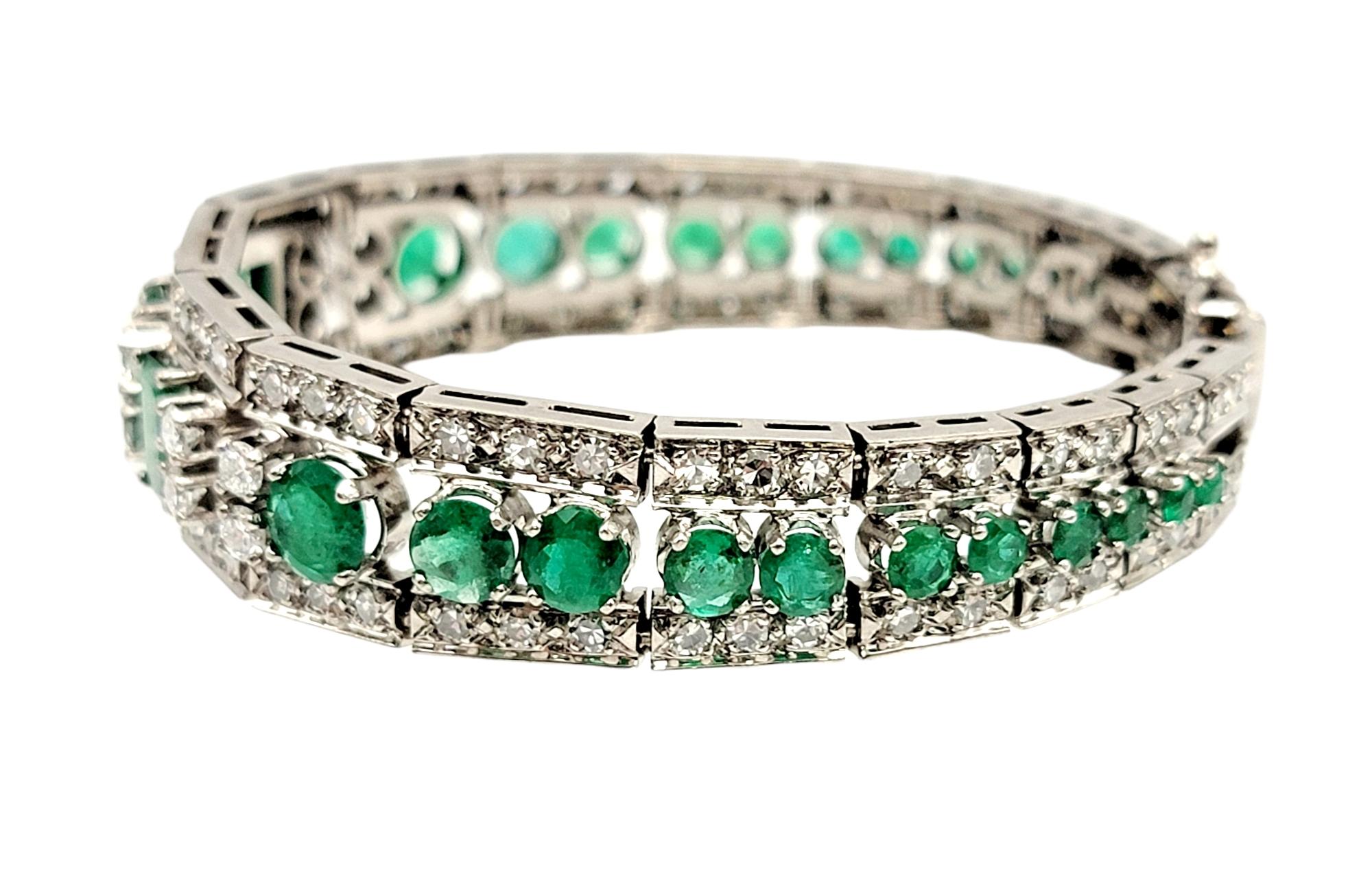 Emerald Cut Vintage 10.40 CTW Emerald and Diamond Hinged Cuff 18 Karat White Gold Bracelet 