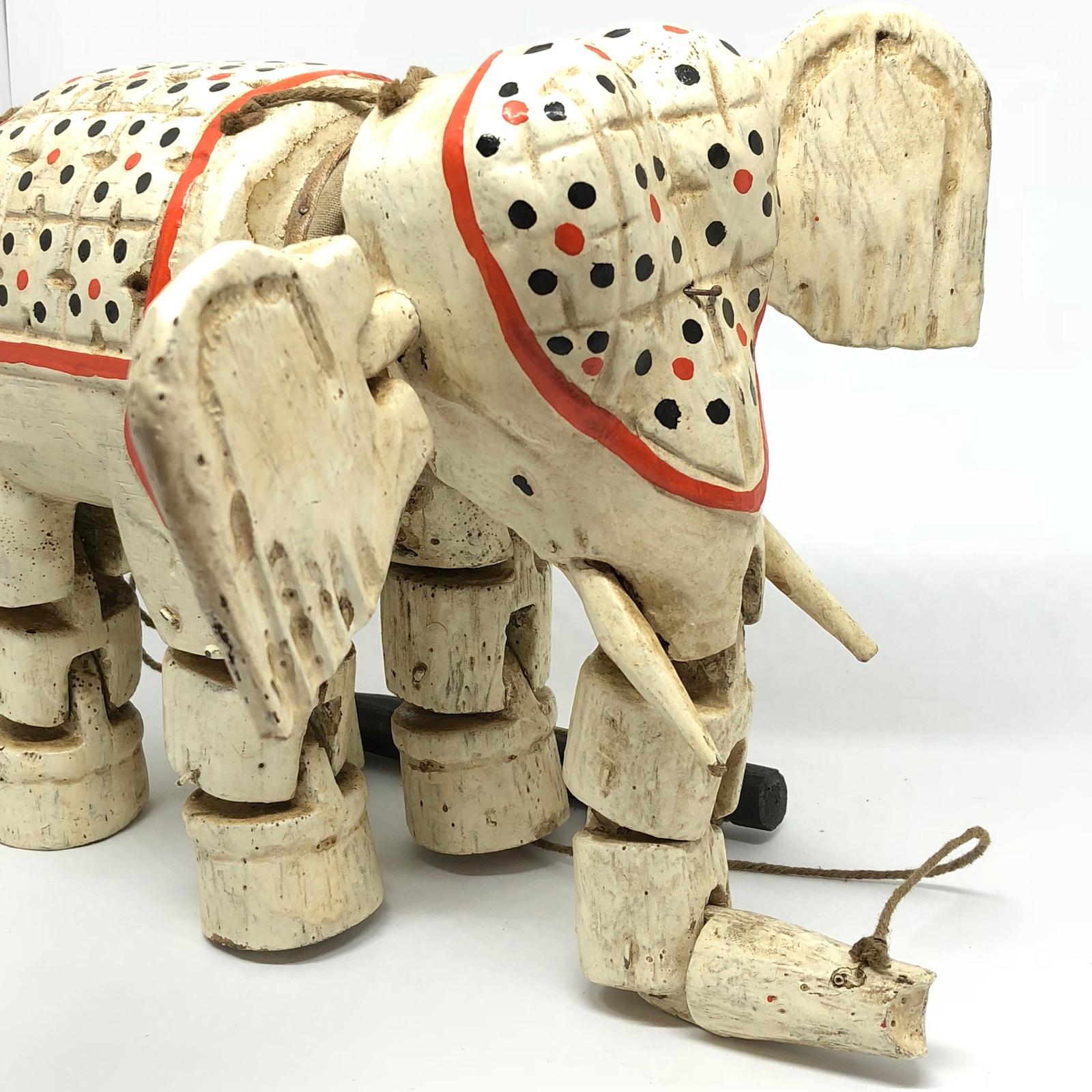 Folk Art Handcrafted Vintage Marionette Puppet on a String Elephant, India, 1930s
