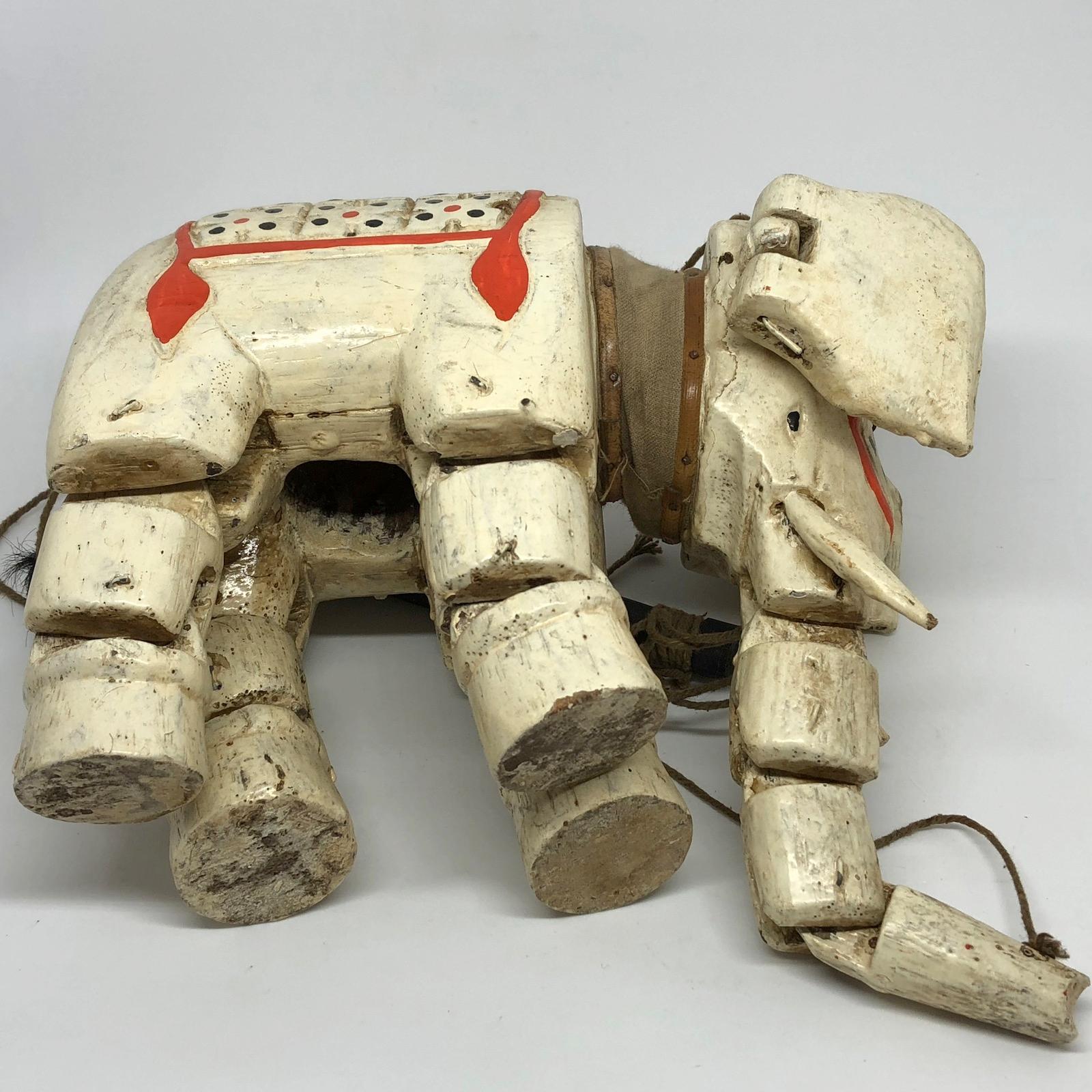 Hand-Carved Handcrafted Vintage Marionette Puppet on a String Elephant, India, 1930s