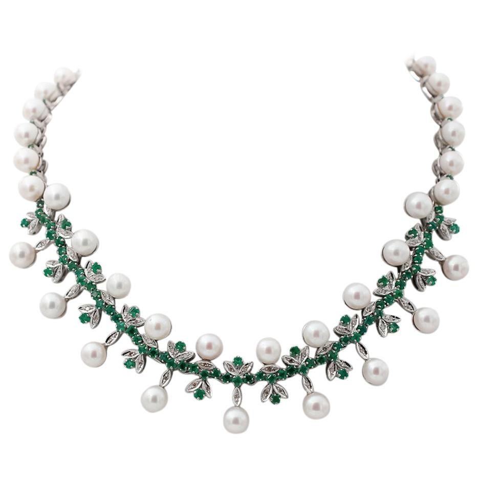 Handcrafted Vintage Necklace Diamonds, Emeralds, Pearls, 14 Karat White Gold