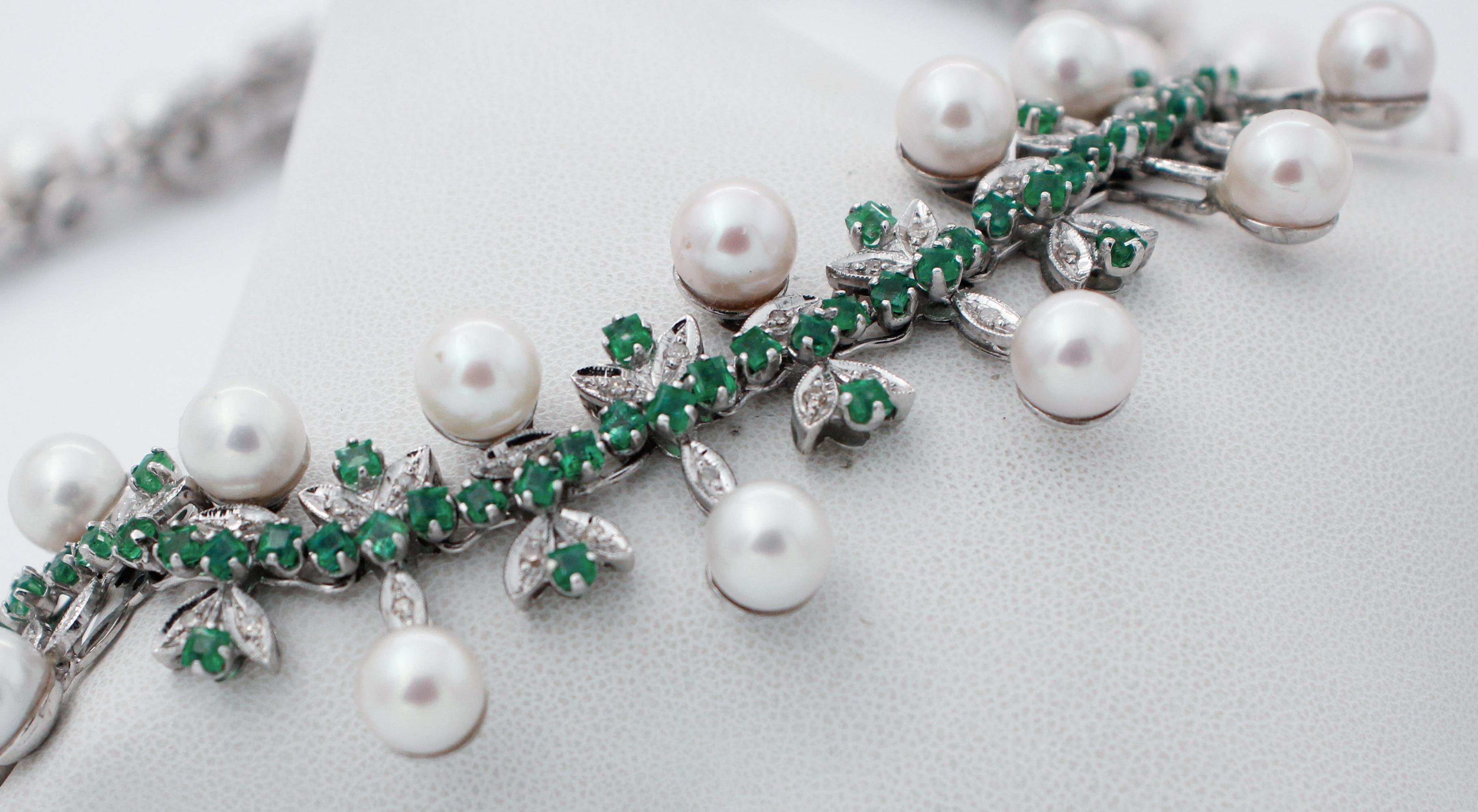 Retro Handcrafted Vintage Necklace Diamonds, Emeralds, Pearls, 14 Karat White Gold