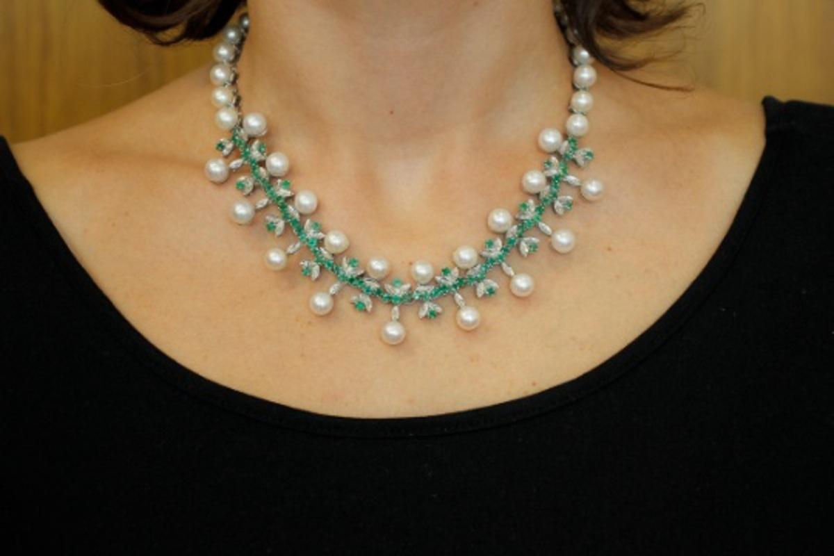 Women's Handcrafted Vintage Necklace Diamonds, Emeralds, Pearls, 14 Karat White Gold