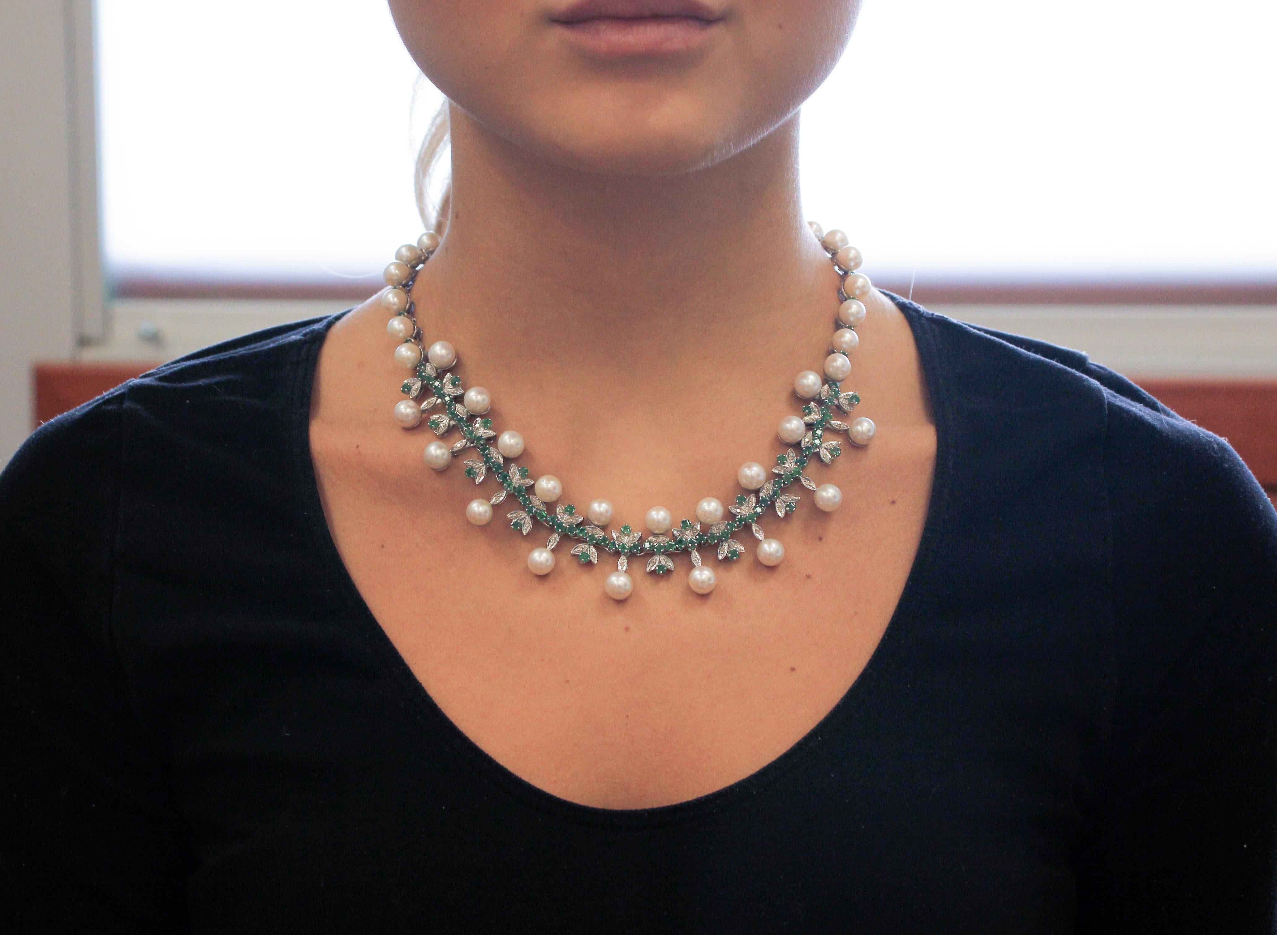 Handcrafted Vintage Necklace Diamonds, Emeralds, Pearls, 14 Karat White Gold 1