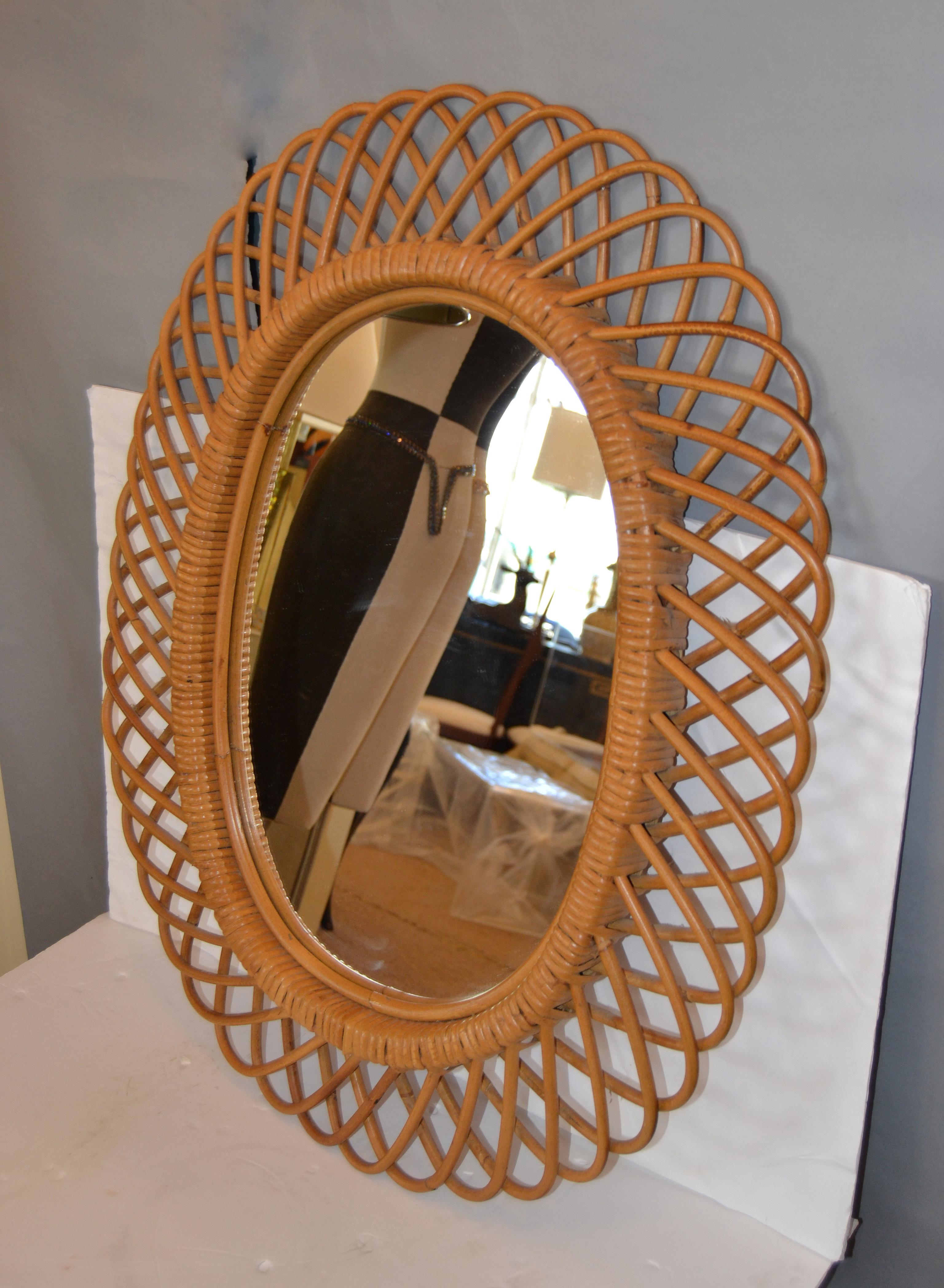 Mid-Century Modern Handcrafted Vintage Oval Bent Rattan Mirror