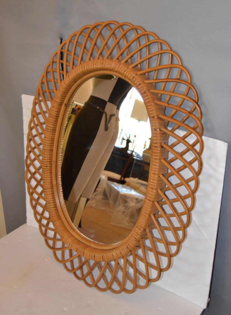 Handcrafted Vintage Oval Bent Rattan Mirror For Sale at 1stdibs