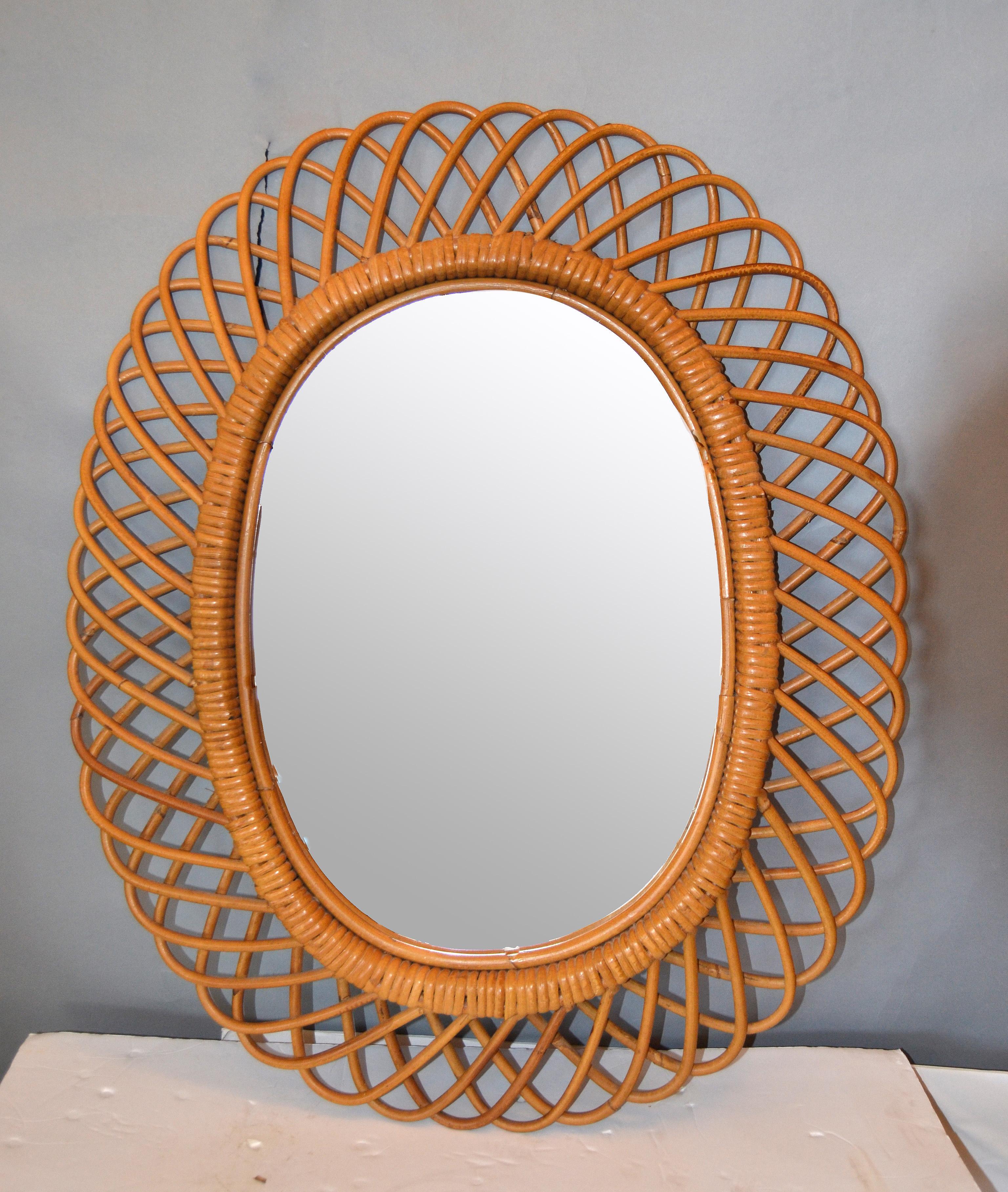 Handcrafted Vintage Oval Bent Rattan Mirror 1