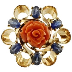 Handgefertigter Vintage-Ring mit blauen Saphiren, Elatius-Koralle, 14 Karat Gelbgold