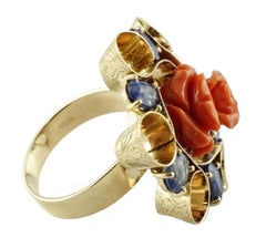 Handcrafted Vintage Ring Blue Sapphires, Elatius Coral, 14 Karat Yellow Gold