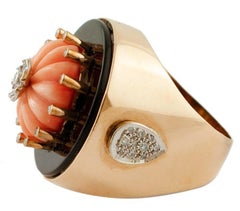 Handcrafted Vintage Ring Onyx, Coral, Diamonds, Rose Gold