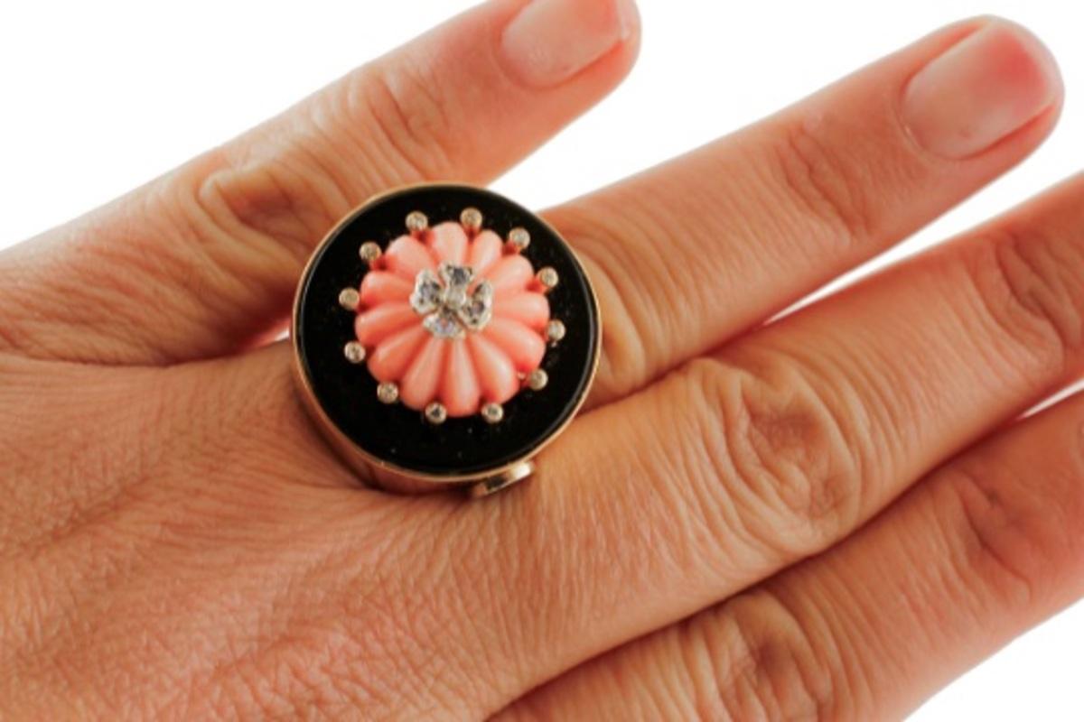 Women's Handcrafted Vintage Ring Onyx, Coral, Diamonds, Rose Gold For Sale
