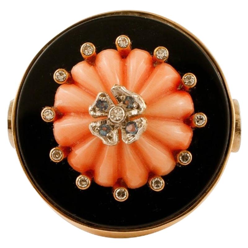 Handcrafted Vintage Ring Onyx, Coral, Diamonds, Rose Gold