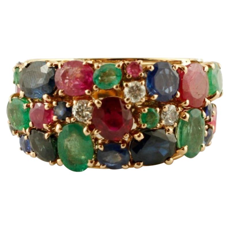 Handcrafted Vintage Ring Rubies, Emeralds and Blue Sapphire, 14 Karat Rose Gold For Sale