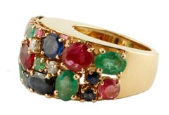Handcrafted Vintage Ring Rubies, Emeralds and Blue Sapphire, 14 Karat Rose Gold