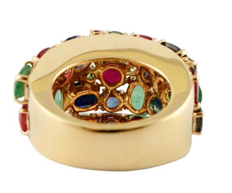 Retro Handcrafted Vintage Ring Rubies, Emeralds and Blue Sapphire, 14 Karat Rose Gold For Sale