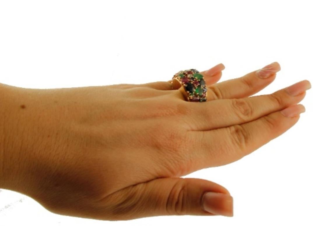 Women's Handcrafted Vintage Ring Rubies, Emeralds and Blue Sapphire, 14 Karat Rose Gold For Sale
