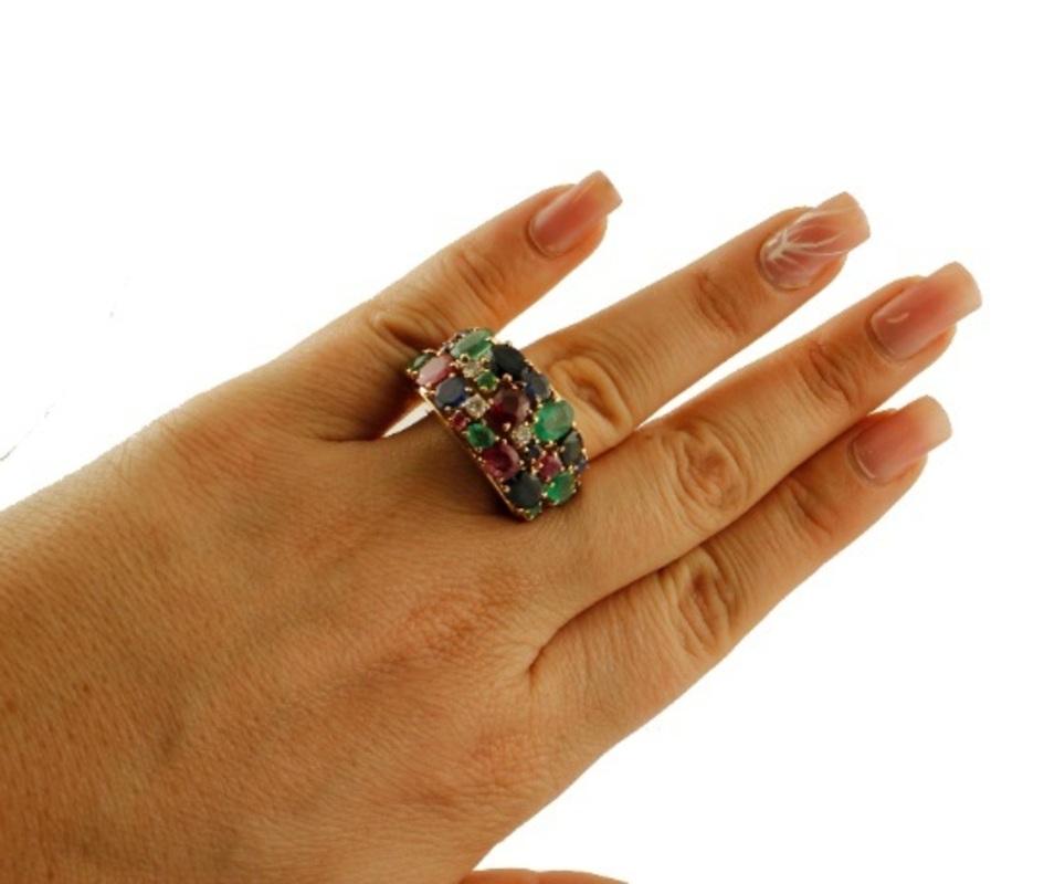 Handcrafted Vintage Ring Rubies, Emeralds and Blue Sapphire, 14 Karat Rose Gold For Sale 1