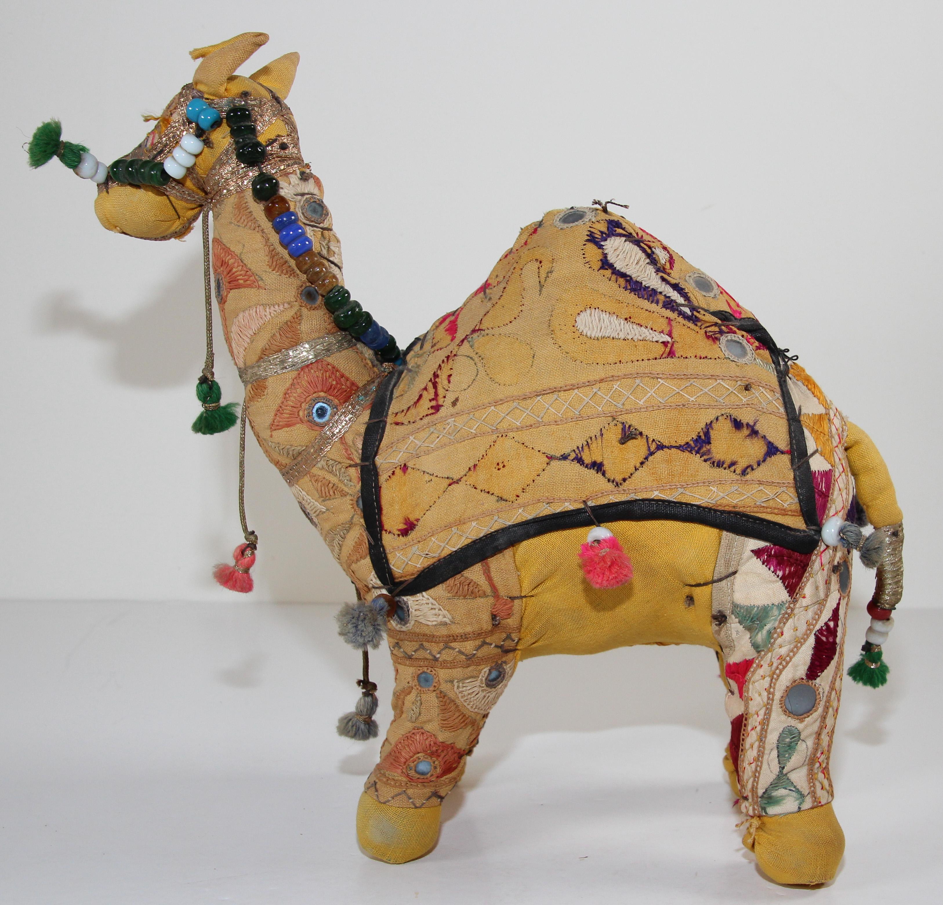 20th Century Handcrafted Vintage Stuffed Raj Cotton Embroidered Camel Toy, India, 1950 For Sale