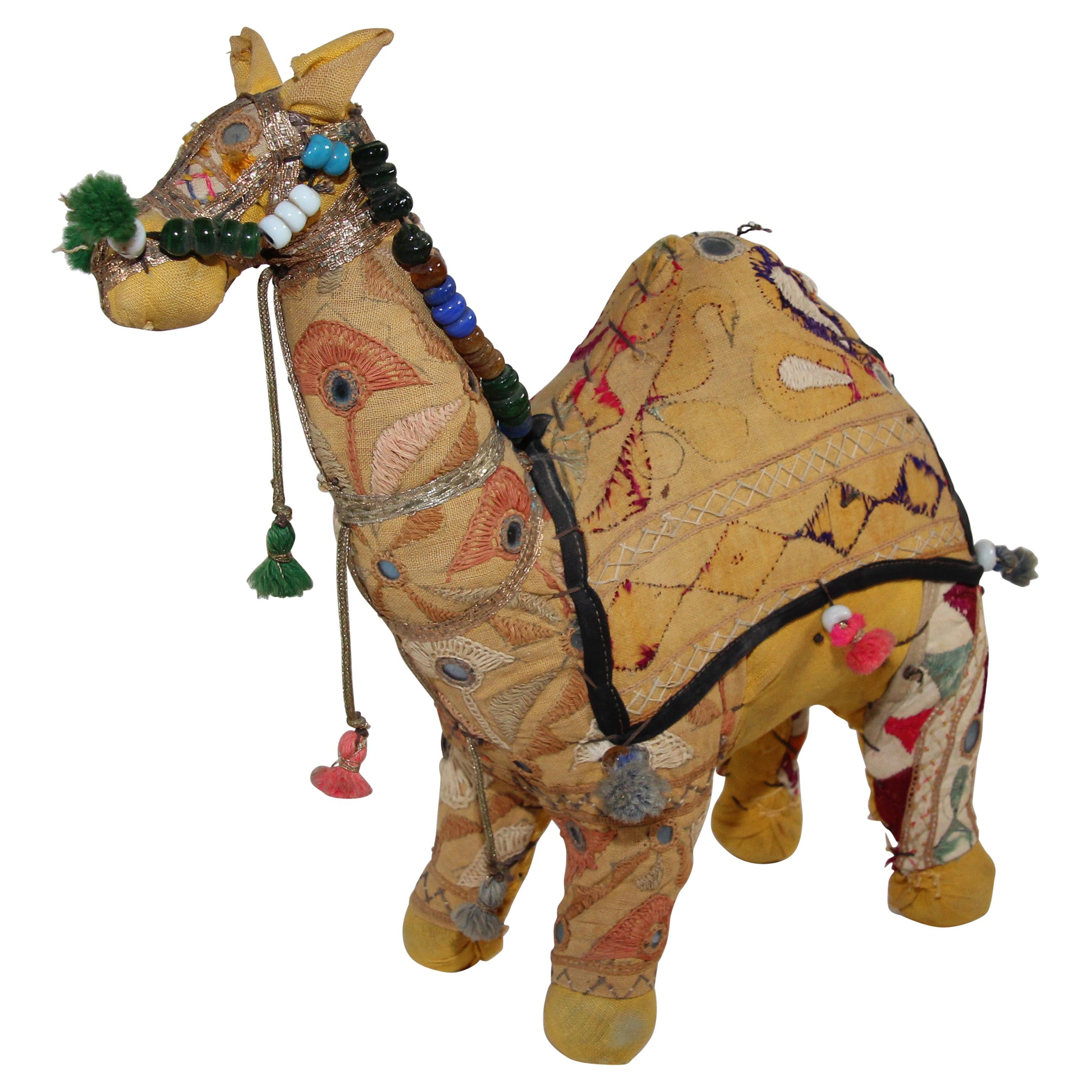 Handcrafted Vintage Stuffed Raj Cotton Embroidered Camel Toy, India, 1950 For Sale