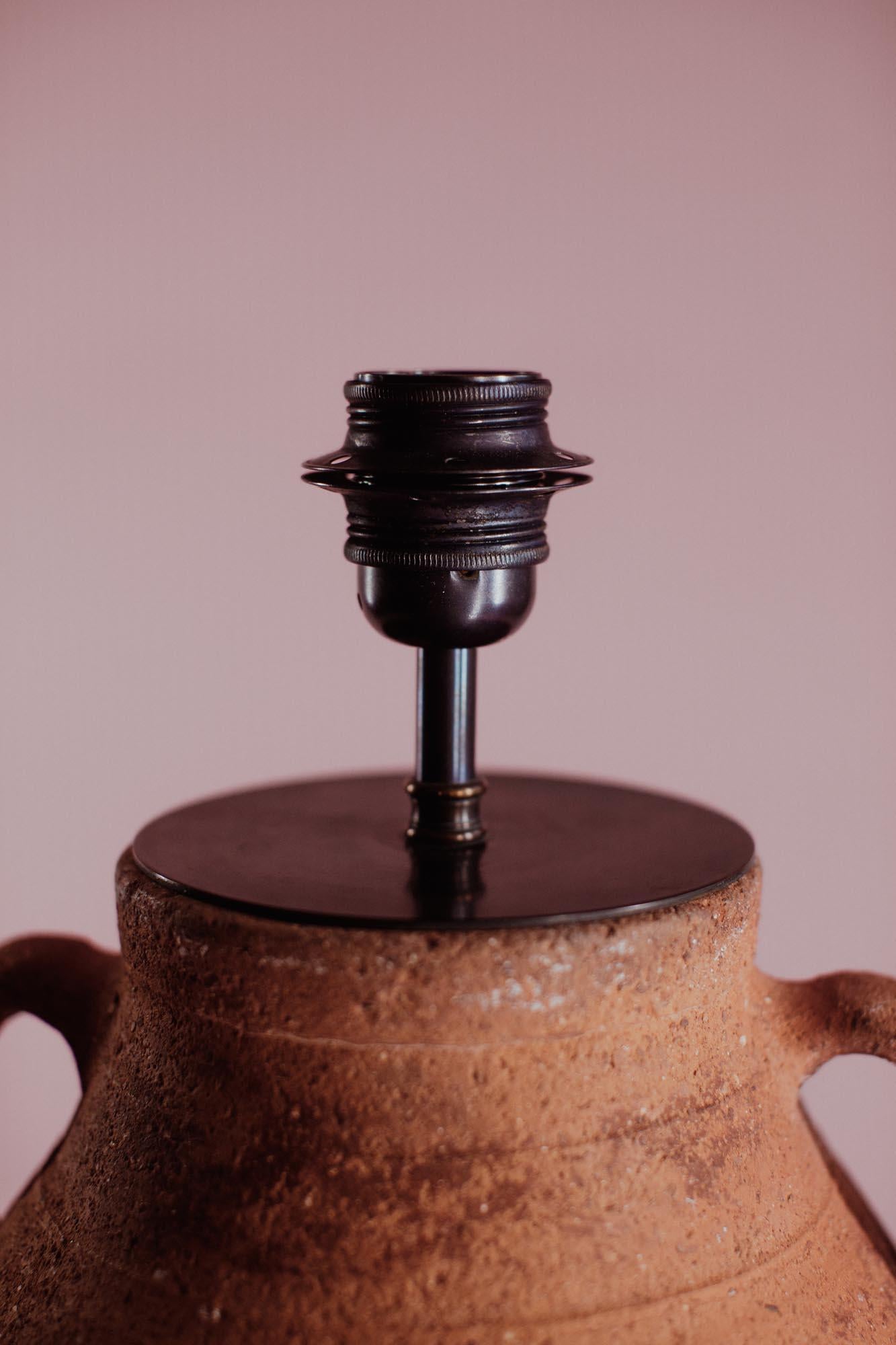 Primitive Handcrafted Vintage Turkish Terracotta Twin Handle Table Lamp, 20th Century For Sale