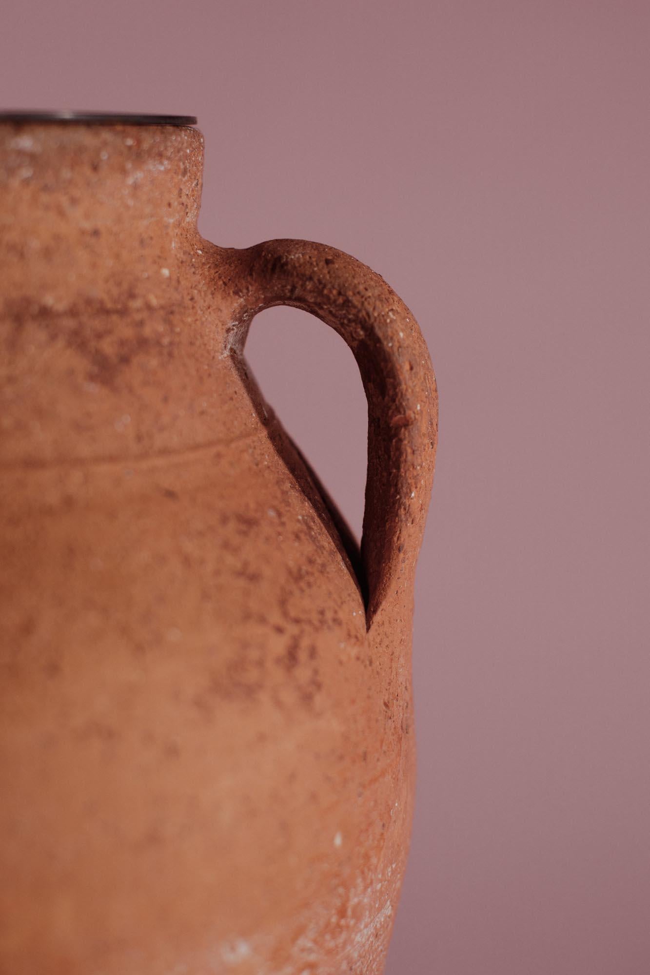 Hand-Carved Handcrafted Vintage Turkish Terracotta Twin Handle Table Lamp, 20th Century For Sale