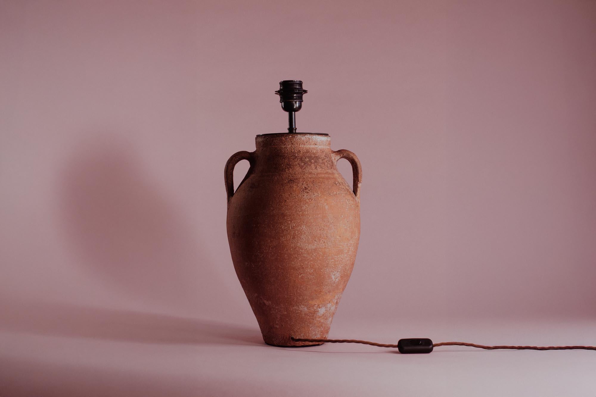 Clay Handcrafted Vintage Turkish Terracotta Twin Handle Table Lamp, 20th Century For Sale