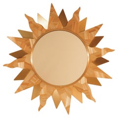 Handcrafted Wall Mirror Sun Straw Marquetry Brass Beige Inlay Collectible Naive