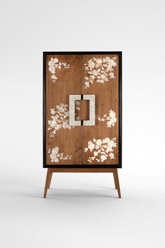 Handcrafted Walnut China Cabinet with Mother-of-Pearl/ Nacre Inlay and Handle