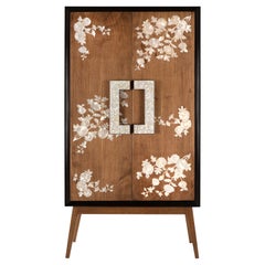 Handcrafted Walnut China Cabinet with Mother-of-Pearl/ Nacre Inlay and Handle