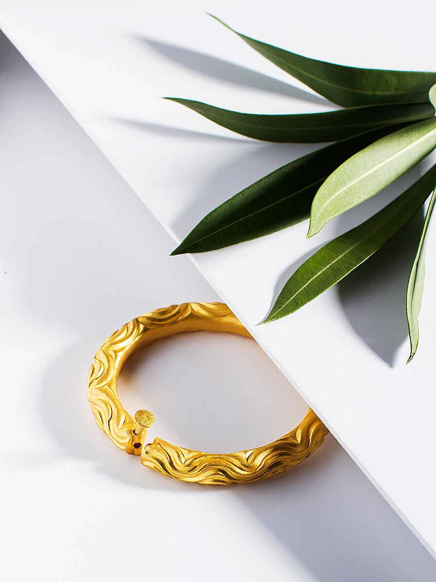 Modern Handcrafted Wavey Repousse 24K Gold Cuff Bracelet