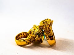 Handcrafted White Black Diamond Turquoise Yellow Gold Cocktail "Lion" Ring